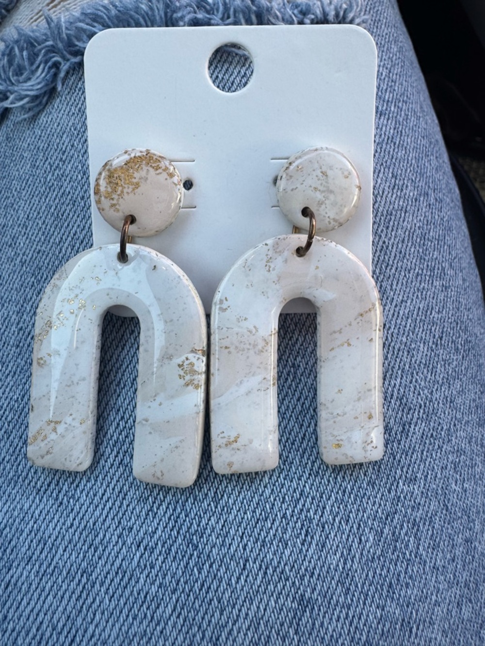 Handmade White Marbled Arch Dangle Earrings with Gold Flecks